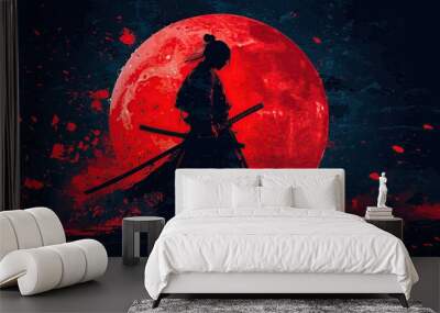 Illustration Silhouette of samurai in front of red moon. Abstract background Wall mural