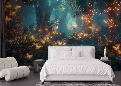 Magical fantasy forest comes to life with glowing plants background Wall mural