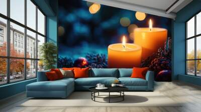 Two burning candles in the dark against the background of blurry lights Wall mural