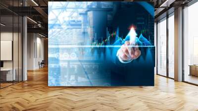 A businessman looking at growth and asset investment chart on trends in the business, finance, global economy, together with upward arrow that analyzes financial charts using virtual display analysis Wall mural