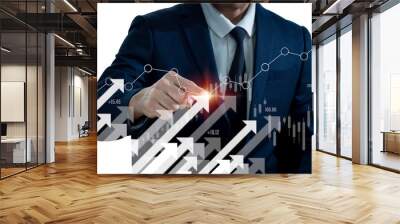 A businessman shows an arrow graph that depicts the company's future growth strategy and percentage increase. The idea is to start a business from the ground up in order to succeed and grow. Wall mural