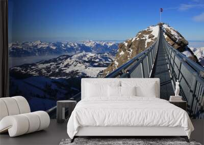 Sex Rouge, mountain peak in the Swiss Alps. Suspension bridge connecting two peaks. Travel destination in Switzerland. Wall mural