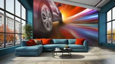 Sport car wheel drifting on lighting Wall mural