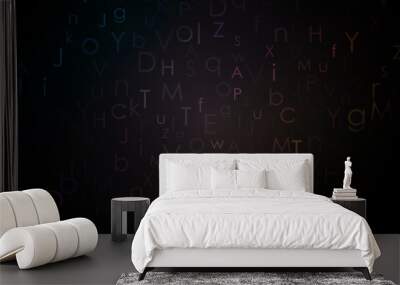 Alphabet colorful dark background. Gradient random floating letters. Wall mural