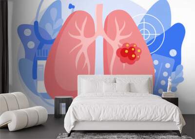 The concept of lung cancer. A malignant tumor develops in the lungs. The structure of a cancer cell. Flat vector illustration Wall mural