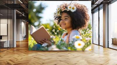 Inclusive image of a happy mixed race girl reading a book outdoors in a sunny garden. Inclusion & diversity in school education. Book lovers day --v 6.1 Job ID: b3d9390a-7e61-4154-904d-4fdd35c35c9f Wall mural