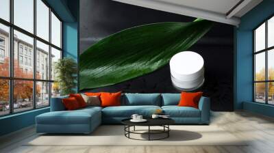 Green fresh leaf and water drops on it, glass jar of moisturizing cream on the black surface.Empty space Wall mural