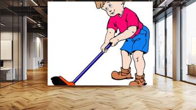 Illustration of a boy sweeping the dirt on a white background Wall mural