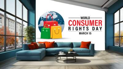 World Consumer Rights Day Poster Design. Shopping bag and Consumer hand with World map. Banner poster, flyer and background design. Wall mural