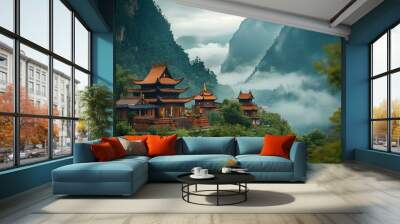 A serene mountain landscape featuring traditional architecture, enveloped by lush greenery and misty mountains. Wall mural