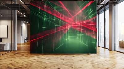 A vibrant, futuristic scene of red and green laser beams intersecting in a dark environment, creating a striking visual illusion of depth. Wall mural