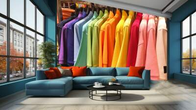 Rainbow or colorful polo shirts on hanger in shopping mall Wall mural