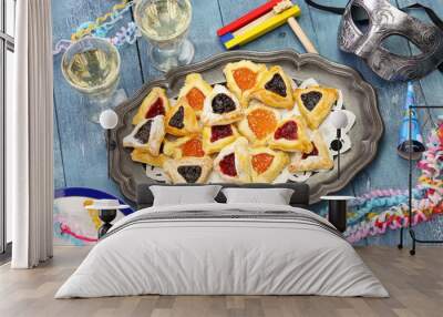 homemade hamantaschen cookies,noise maker and mask, for happy Purim jewish holiday party Wall mural