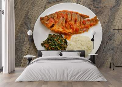 Tilapia stew, ugali(white maize flour mash) and Sukuma Wiki(kale stew), Kenyan food Wall mural