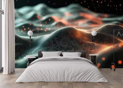 Abstract digital landscape with glowing waves and particles, ideal for futuristic and tech-themed projects. Wall mural