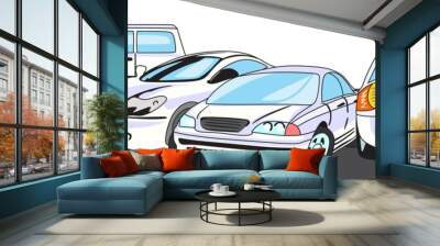 Set of luxury cars parked cartoon vector drawing for people obsessed collecting vehicles suv saloon sport car in parking comic auto illustration modern stylish automobile industry brand new Wall mural