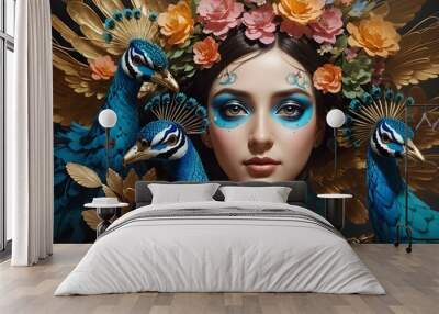 A   woman with two peacocks on her face, a hyperrealist painting  detailed painting beautiful mysterious girl for wall art, digital prints, screen ,desktop image, web photos  Wall mural