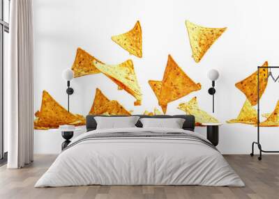 Flying delicious Mexican nachos chips on white background,png Wall mural