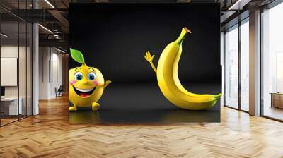 a cartoon character with happy face funny a banana on black background Wall mural