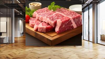 big red and fat raw wagyu beef steak. japanese wagyu ribeye beef on wooden cutting board Wall mural