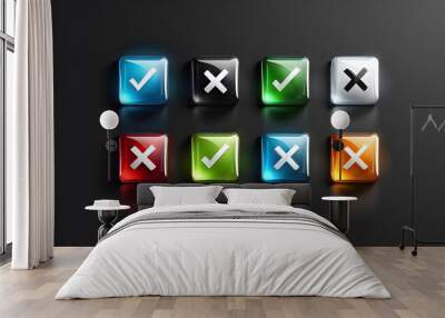 buttons for web design. glassy of 3d tick and x icons set checkmark and cross mark buttons isolated on black background. Wall mural