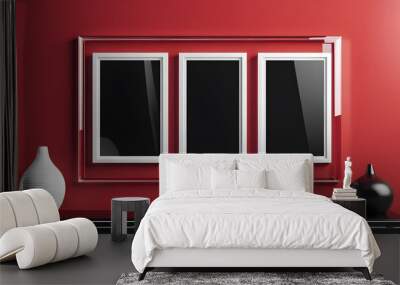 picture frame mockup set of two vertical white frames on a red neutral wall background Wall mural