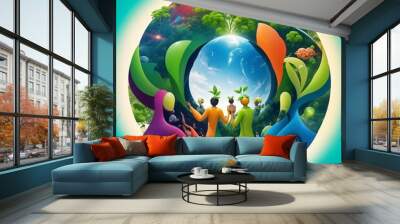 Powerful artwork depicting environmental cooperation, unity of diverse people safeguarding a sprout. Vibrant and futuristic, symbolizing sustainable ESG practices. Wall mural