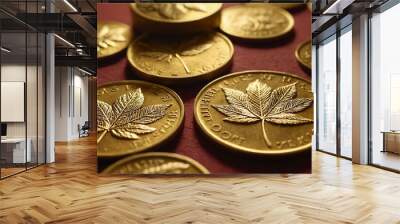 a collection of gold-colored coins scattered on the surface with purplish red nuances. Each coin features a maple leaf which is a symbol often associated with Canada and is often found on Canadian cur Wall mural