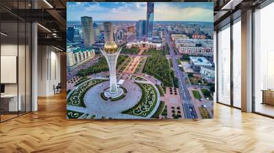 NUR-SULTAN, KAZAKHSTAN (QAZAQSTAN) - July 29, 2019: Beautiful panoramic aerial drone view to Nursultan (Astana) city center with skyscrapers and Baiterek Tower - symbol of Kazakh people freedom Wall mural