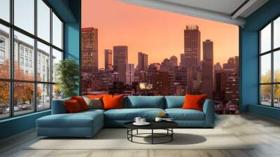 A beautiful and dramatic panoramic photograph of the Johannesburg city skyline, taken on a golden evening after sunset. Wall mural