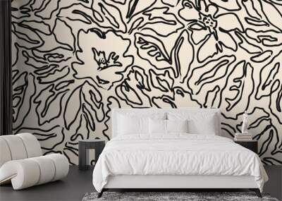 Flower seamless background. Abstract hand drawn lines floral pattern. Modern print in black and white. Ideal for textile design, fabric printing, wallpaper, decoration, cards, and posters. Wall mural