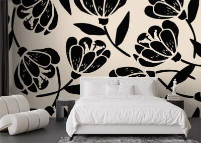 Flower seamless background. Minimalistic abstract floral pattern. Modern print in black and white background. Ideal for textile design, wallpaper, covers, cards, invitations and posters. Wall mural