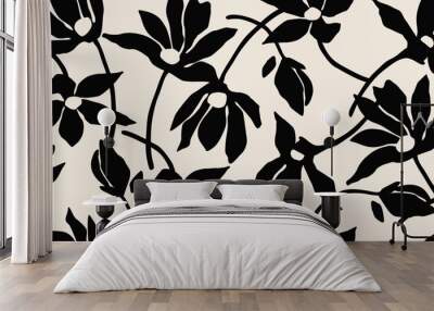 Flower seamless background. Minimalistic abstract floral pattern. Modern print in black and white background. Ideal for textile design, wallpaper, covers, cards, invitations and posters. Wall mural