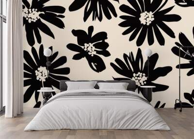 Flower seamless background. Minimalistic abstract floral pattern. Modern print in black and white background. Ideal for textile design, wallpaper, covers, cards, invitations and posters. Wall mural