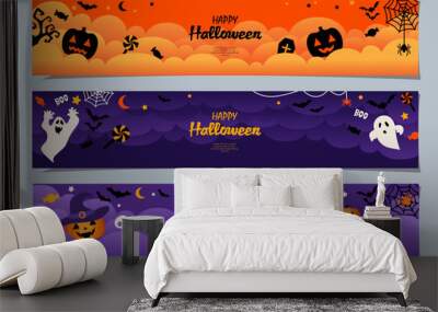 Halloween banners set, party invitation background with clouds, bats and pumpkins in flat design for banner, cover, printing and social media post. Vector illustration. Wall mural