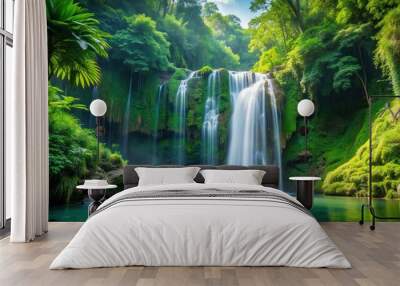 A magical waterfall cascading through lush green jungle scenery, waterfall, jungle, nature, tropical, serene, exotic Wall mural