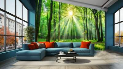 A serene forest with lush green trees and sunlight filtering through the leaves , nature, trees, forest, sunlight, peaceful Wall mural