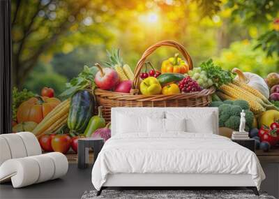 Abundant harvest of fresh fruits and vegetables against a beautiful natural background , bountiful, plentiful, harvest Wall mural