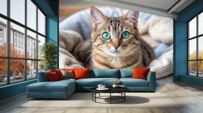 Adorable tabby cat with blue eyes in a cozy bed, kitten, fluffy, pet, feline, whiskers, playful, domestic, adorable, paw, cozy, cuddly Wall mural