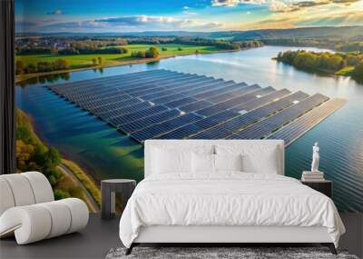 Aerial view of floating solar panels on lake in tranquil natural setting, solar energy, renewable energy Wall mural