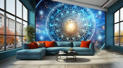 Astrology and horoscope concept with zodiac signs in a celestial circle surrounded by stars and moons, zodiac signs Wall mural