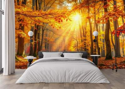 Autumn forest background with vibrant leaves and golden sunlight filtering through the trees, autumn, forest, background Wall mural