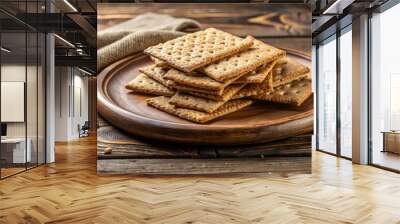 Baked rye crackers served on a rustic clay plate on a wooden board, rye, crackers, baked, food, snack, clay plate Wall mural