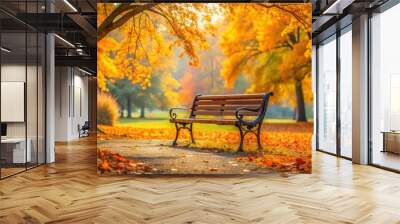 Bench in a beautiful autumn park , Bench, park, autumn, leaves, trees, relaxation, peaceful, tranquil, nature, foliage Wall mural