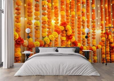 Bollywood sangeet ceremony with vibrant marigold garlands decoration , Bollywood, sangeet, ceremony, arrangement Wall mural