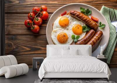 Breakfast plate with eggs, tomatoes, and fried sausage on wooden table with coffee and croissants, breakfast, eggs Wall mural