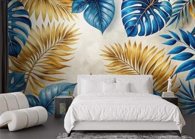 Canvas poster featuring blue-gold tropical leaves on light background in wallpaper style, canvas, poster, blue, gold Wall mural