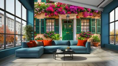 Charming colonial house facade with blooming flowers , colonial, house, facade, flowers, charming, exterior, architecture Wall mural