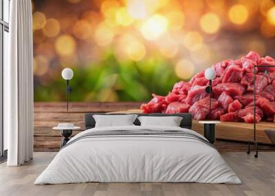 Chopped meat on a table with a beautiful background , meat, chopped, fresh, raw, ingredients, cooking, food, meal Wall mural