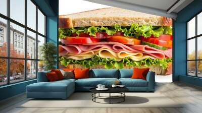 Classic sandwich on a white background, sandwich, food, lunch, snack, deli, ham, lettuce, tomato, cheese, mayo, sliced Wall mural